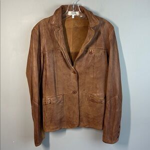 Jakett Etc Brown Leather Blazer Jacket 2 Button Cotton Trim Size M